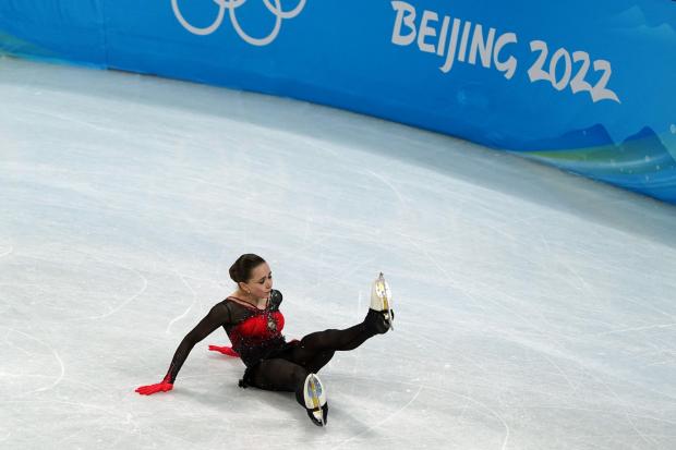 Kamila Valieva falls during the Women's Single Skating - Free Skating on day eleven of the Beijing 2022 Winter Olympic Games