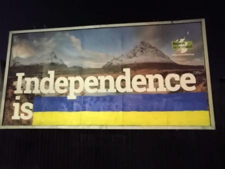 The National: The billboard on Thursday night, after local Yessers had covered the vandalism