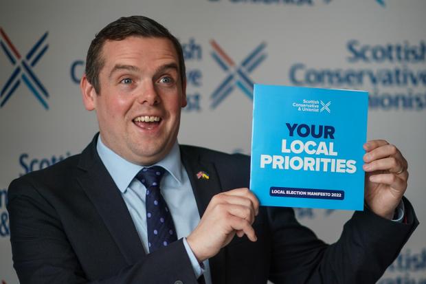 GLASGOW, SCOTLAND - APRIL 14: Scottish Conservatives leader Douglas Ross poses during the launch of their local election manifesto on April 14, 2022 in Glasgow, Scotland. Local elections in Scotland will be held on May 5, 2022. (Photo by Peter