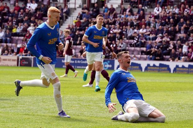 Cole McKinnon celebrates after a debut goal for Ranger versus Hearts at Tynecaslte