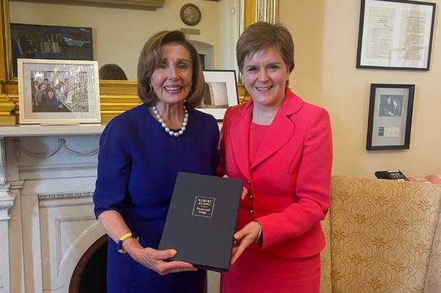 Speaker Nancy Pelosi and First Minister Nicola Sturgeon exchanged gifts and gave a statement to the media