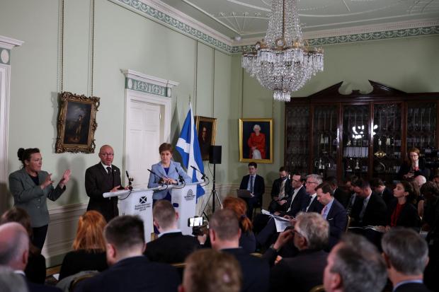 Scottish Green Party co-leader Patrick Harvie and First Minister Nicola Sturgeon at the launch of new paper on Scottish independence. Photo: PA