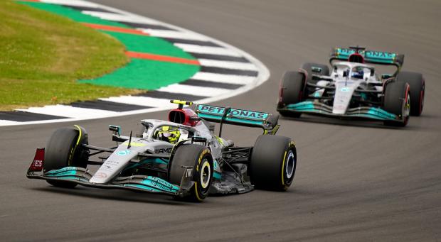 The National: Mercedes Lewis Hamilton (right) and George Russell ahead of the British Grand Prix 2022 at Silverstone. Picture: PA