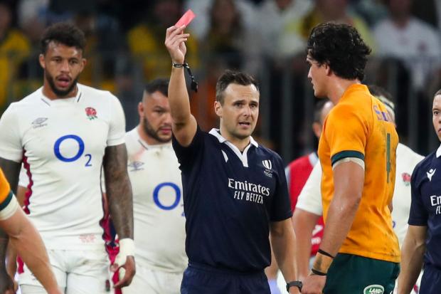Darcy Swain, right, was red carded in the first half of Australia's win over England (Gary Day/AP/PA)