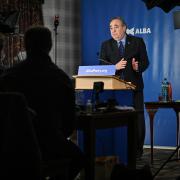ELLON, SCOTLAND - APRIL 06: Former First Minister Alex Salmond speaks during the Alba Party campaign launch on April 06, 2021 in Ellon, Scotland. The former first minister for the SNP, Salmond formed the Alba Party ahead of the May 6 Scottish