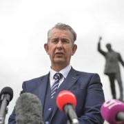 DUP Leader Edwin Poots speaks to the media about the latest updates on the Northern Ireland protocol, Brexit and the north south ministerial council, in front of the statue of Edward Carson at Stormont buildings, Belfast. Picture date: Thursday June 10,