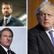 The video appears to show Boris Johnson, left, being interrogated by DCI Steve Arnot (Martin Compston, left) and  Superintendent Ted Hastings (Adrian Dunbar)
