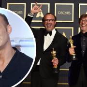Left: Lash Fary, who signed off his email ‘Lord Lash Fary of Glencoe’ as he defended his gift bags. Right: Coda directors Fabrice Gianfermi and Philippe Rousselet celebrate their Oscar win