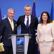 From left:  Finnish foreign minister Pekka Haavisto, Nato Secretary General Jens Stoltenberg and Swedish foreign minister Ann Linde