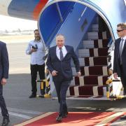 TEHRAN, IRAN - JULY 19: (RUSSIA OUT) Russian President Vladimir Putin leaves his presidential plane during the welcoming ceremony at the airport, on July 19, 2022 in Tehran Iran. Russian President Putin and his Turkish counterpart Erdogan arrived in Iran