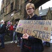 Student Malachy Harris joins University staff and students at Glasgow University earlier this year for a strike by the UCU over pensions