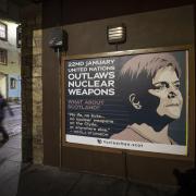 A poster featuring Nicola Sturgeon appeared on the Royal Mile to celebrate that the Treaty on the Prohibition of Nuclear Weapons entering into force