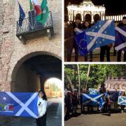 Clockwise from left:  Giada Mazzetti from Italians for Scottish Independence in Italy, supporters at the Parc du Cinquantenaire in Brussels, and Saltires at the Colosseum in Rome thanks to Sarah De Sanctis