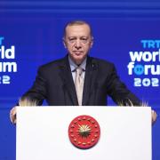 Turkish President Recep Tayyip Erdogan makes a speech during TRT World Forum 2022 in Istanbul