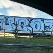 An Alba Party billboard beside the M80 has been covered up with Union Bears graffiti