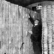 Basement of a bank full of banknotes, at the time of the Mark devaluation, during the economic crisis, Weimar Republic (Germany), 1923.