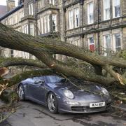 A Porsche 911 car is damaged by a fallen tree in Harrogate, North Yorkshire after Storm Otto