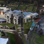 The Scottish Parliament at Holyrood from Salisbury Crags
