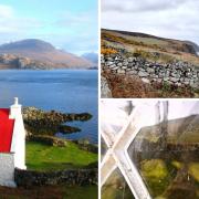 Clockwise from left: A cottage on Applecross, Badbea ruins, and the church window at Croick