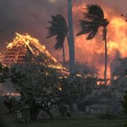 The hall of historic Waiola Church in Lahaina and nearby Lahaina Hongwanji Mission are engulfed in flames