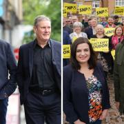 From left: Labour's Anas Sarwar and Keir Starmer, and the SNP's Katy Loudon and Stephen Flynn campaigning in Rutherglen