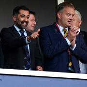 First Minister of Scotland Humza Yousaf in the stands during the 150th Anniversary Heritage international friendly match at Hampden Park