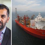 First Minister Humza Yousaf and a floating production storage and offloading vessel in an image released by Rosebank investors Ithaca Energy