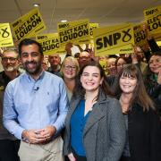 Humza Yousaf joins SNP candidate Katy Loudon (centre) and suporters in Rutherglen