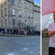 Poles in Scotland queue up in Edinburgh and Maciej Dokurno holds a Polish flag