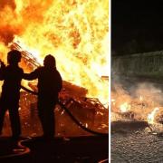 A Northern Ireland bonfire, left, originally described as a Cumbernauld fire, was replaced with a fire in Edinburgh, right