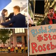 (Top left) Activists removed from the conference (bottom left/right) Action on Monday evening