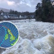 White water at the Falls of Dochart in Killin, Stirling after storm Isha blew through
