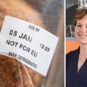 Food and Drink Federation chief executive Karen Betts, and an example of a 'Not for EU' label on UK food