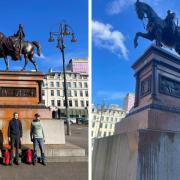 Protesters used fire extinguishers filled with soup to spray a statue of Queen Victoria in Glasgow