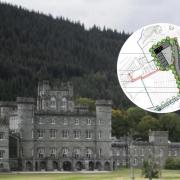 Taymouth Castle and a diagram of the previously proposed golf cart garage complex on land earmarked for affordable homes