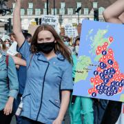 NHS nurses demonstrate for better pay, and a shot of an EveryDoctor map showing NHS outsourcing