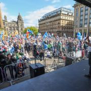 Humza Yousaf addressing the crowd at today's rally in Glasgow