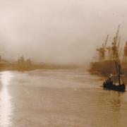 A foggy sunrise at Merklands Quay, 1956, taken by John Purser with a Box Brownie