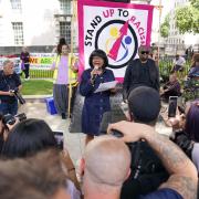 Britain's first black woman MP Diane Abbott speaking during a Stand Up to Racism event in London in 2021