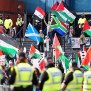 Protesters gather outside Hampden Park ahead of the Scotland v Israel women's Euro qualifier