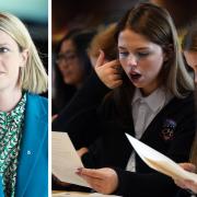 Education Secretary Jenny Gilruth, and students learning their results from the SQA in the summer of 2023