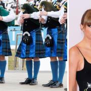 Bagpipers play outside Murrayfield Stadium as Taylor Swift fans buy merch ahead of her concert