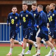 Scotland's Andrew Robertson, Liam Cooper, Scott McTominay, Callum McGregor, Tommy Conway and Ryan Porteous during a training session at Stadion am Groben in Garmisch-Partenkirchen, Germany
