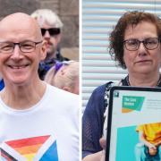 First Minister John Swinney at a Pride march (left) and Dr Hilary Cass showing the front page of her controversial review