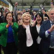 Sinn Fein's Mary Lou McDonald and Michelle O'Neill celebrate the election of Pat Cullen in Fermanagh South Tyrone