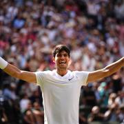 Carlos Alcaraz celebrates victory against Novak Djokovic in the Gentlemen's Singles Final