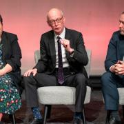 Pat McFadden speaking on stage alongside Scottish Secretary Ian Murray (right) and Scottish Labour MSP Jackie Baillie (left)
