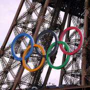 The Olympic rings on the Eiffel Tower in Paris, which is hosting this year's Games