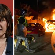 Chancellor Rachel Reeves, and a burning police car on the streets of Hartlepool following a far-right riot