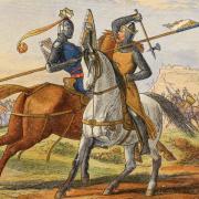 Illustration by James E Doyle of Sir Henry Bohun charging Robert the Bruce